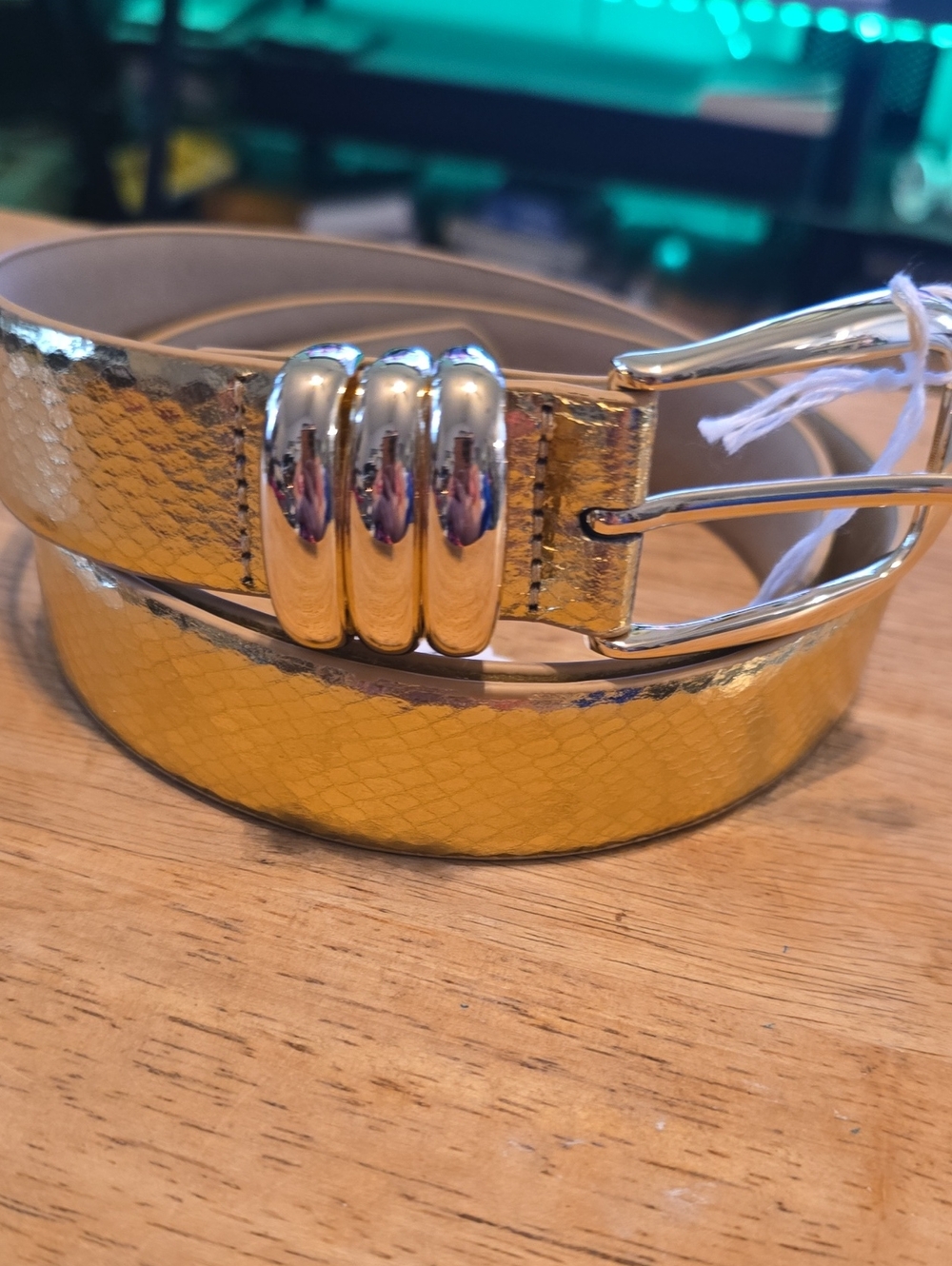 Gold Textured Women’s Belt with Silver Buckle